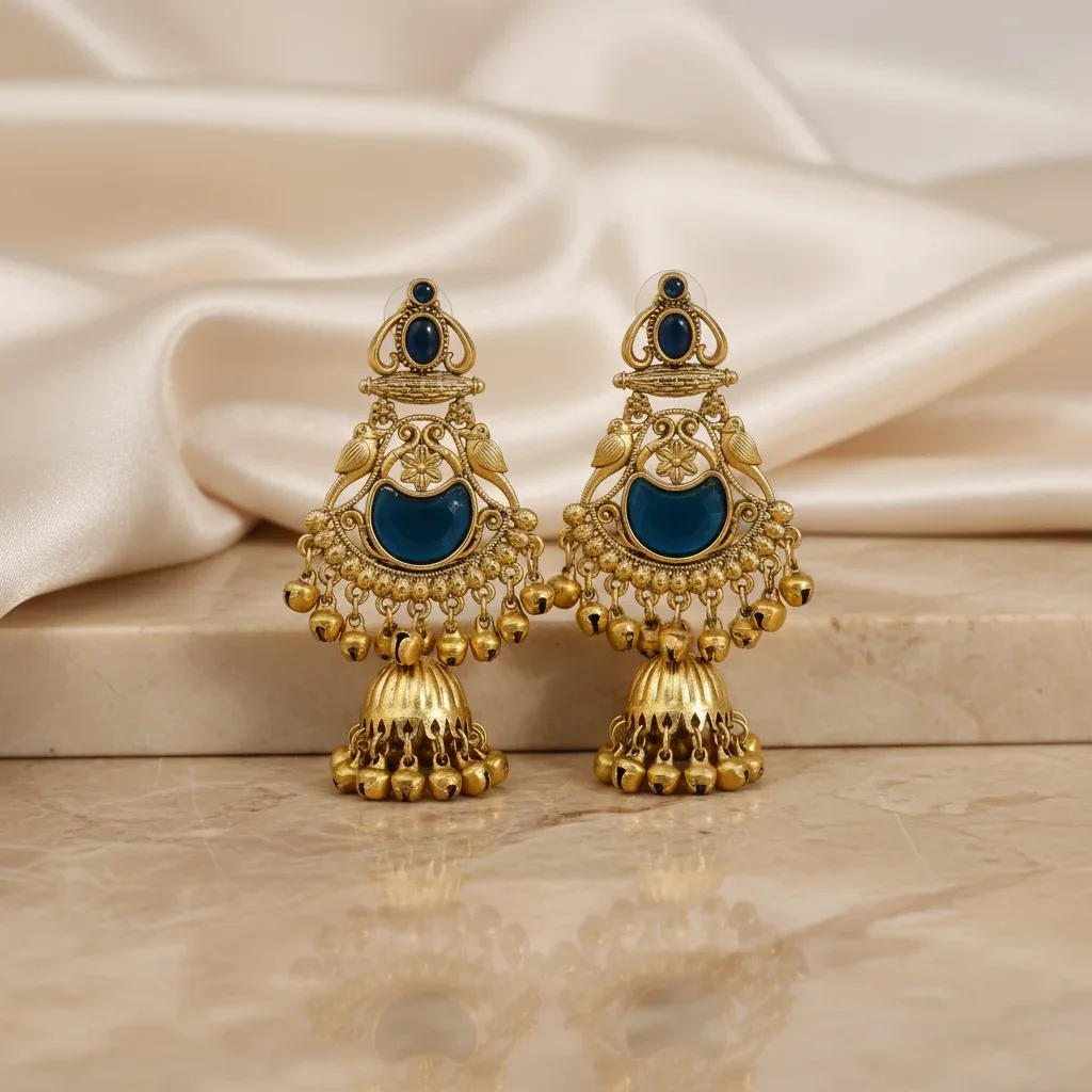 Blue Stone Look Kashmiri Statement Earrings