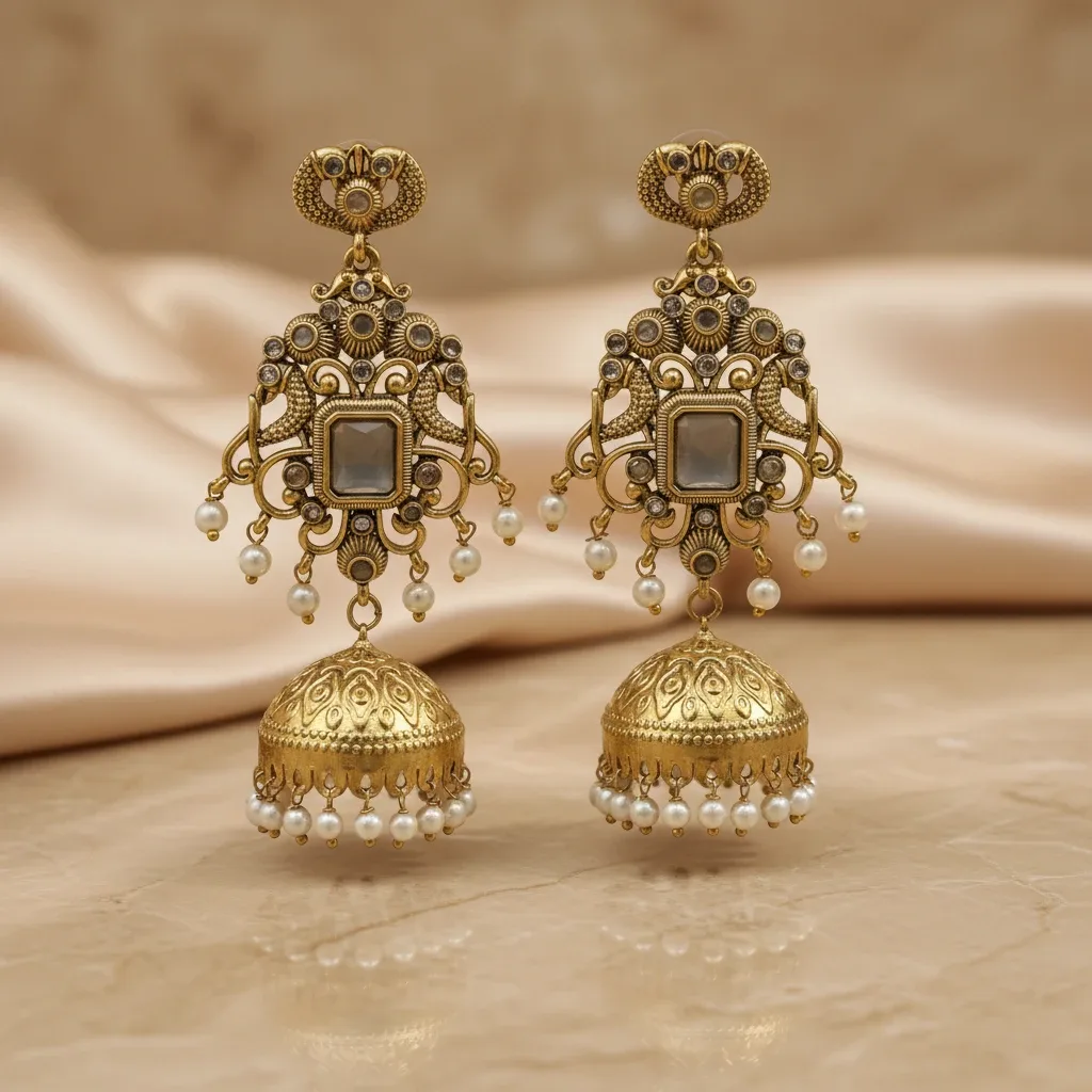 Antique Gold-Tone Jhumka Earrings with Pearl Drops