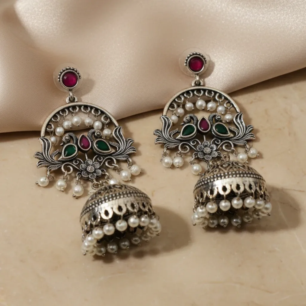 Kashmiri Style Oxidized Jhumka Earrings