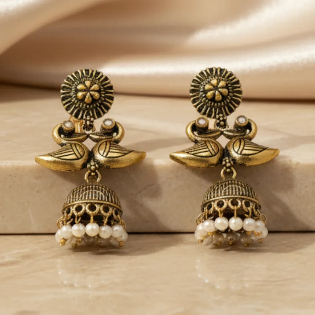 Antique Gold-Tone Bird Motif Jhumka Earrings