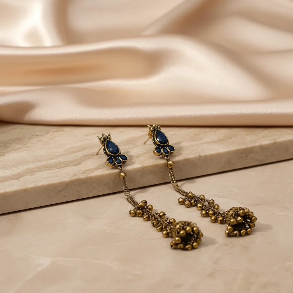 Navy Blue Kashmiri Long Dangler Earrings