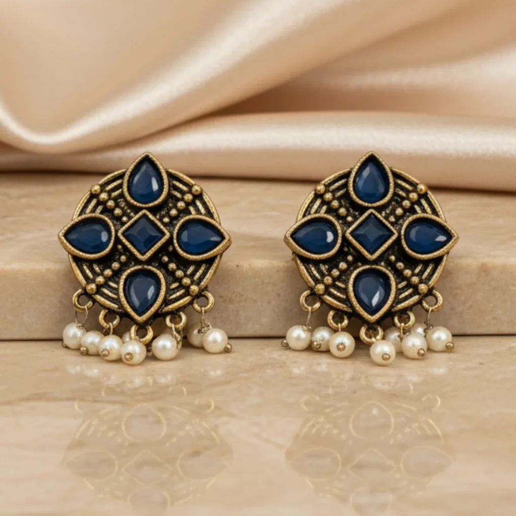 Blue Stone Pearl Drop Kashmiri Earrings