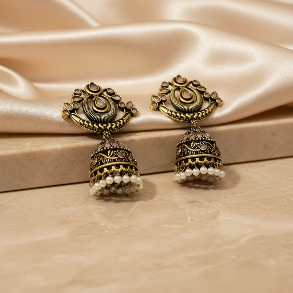 Antique Gold-Tone Jhumka Earrings with Pearl-Style Drops