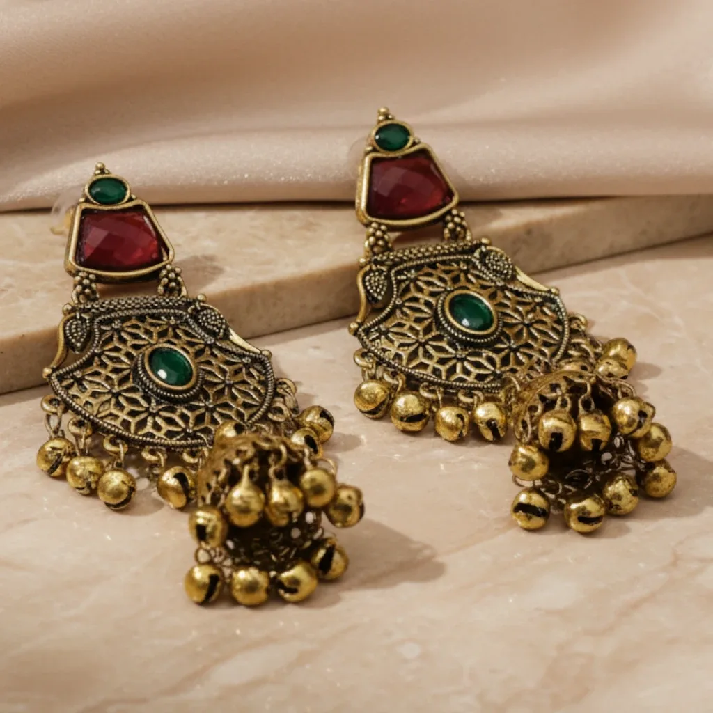 Kashmiri Gold-Tone Statement Jhumka Earrings