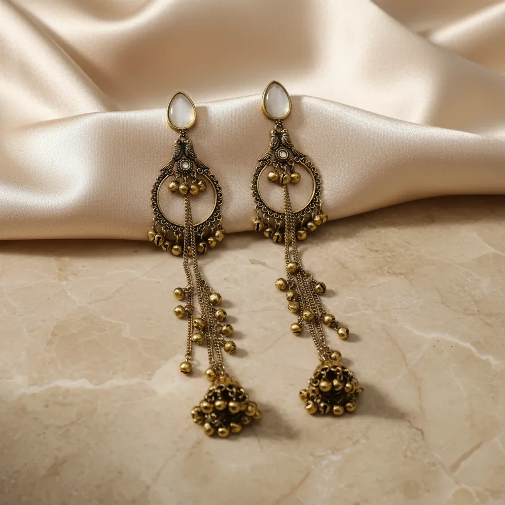 Antique Gold-Tone Kashmiri Long Dangle Earrings
