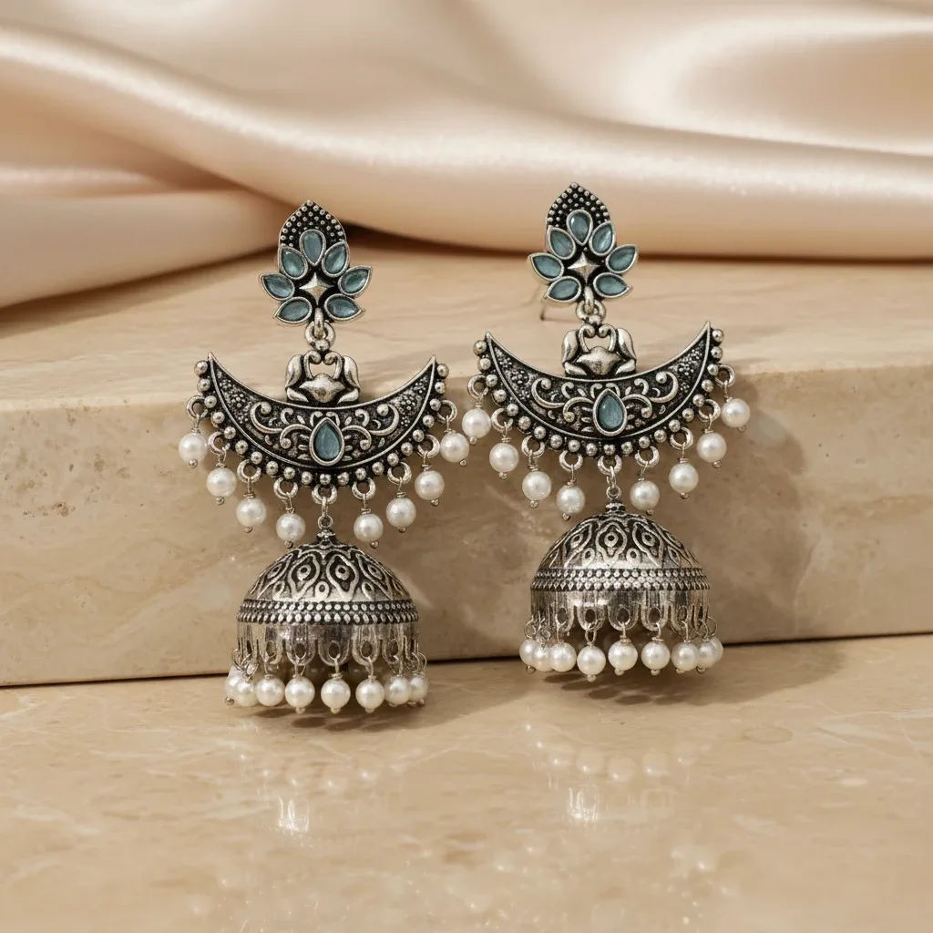 Oxidised Kashmiri Jhumka Earrings with Pearl Drops