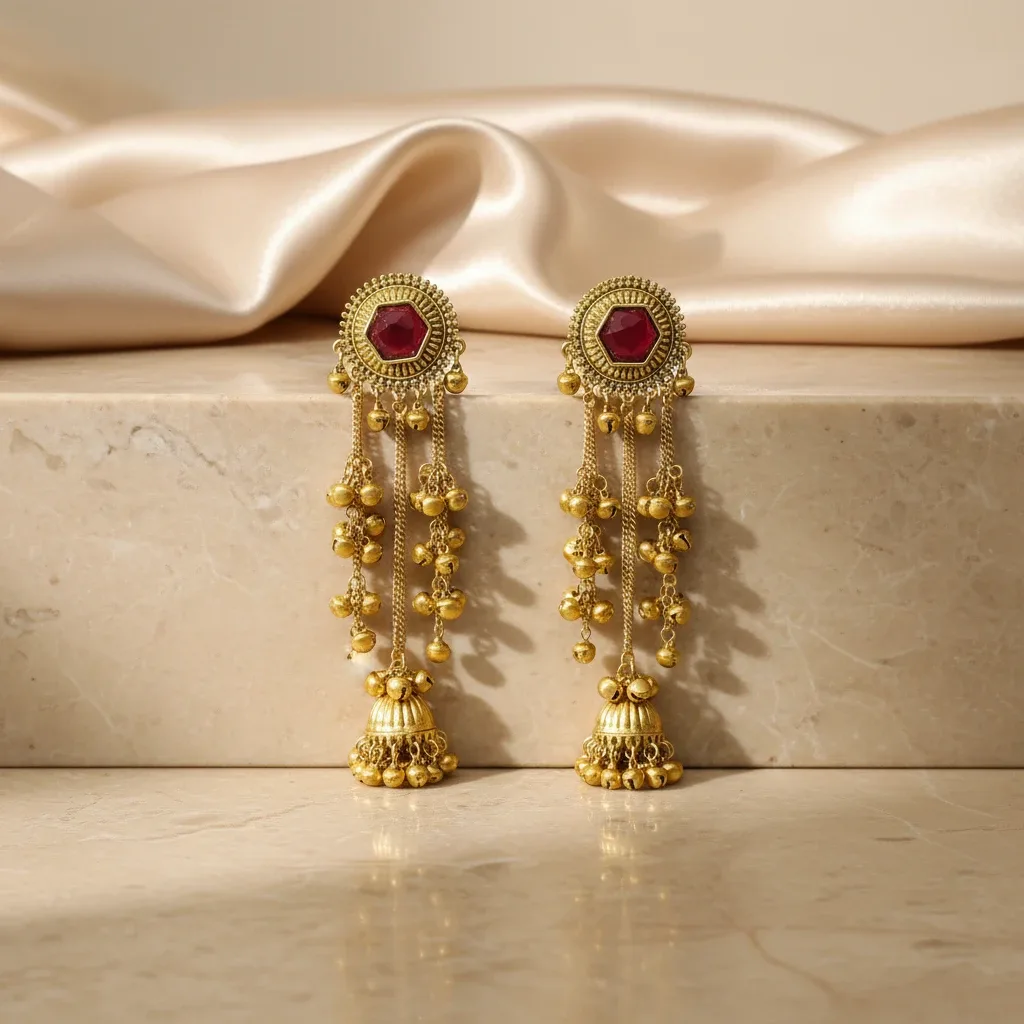 Kashmiri Gold-Tone Dangling Earrings with Red Centre