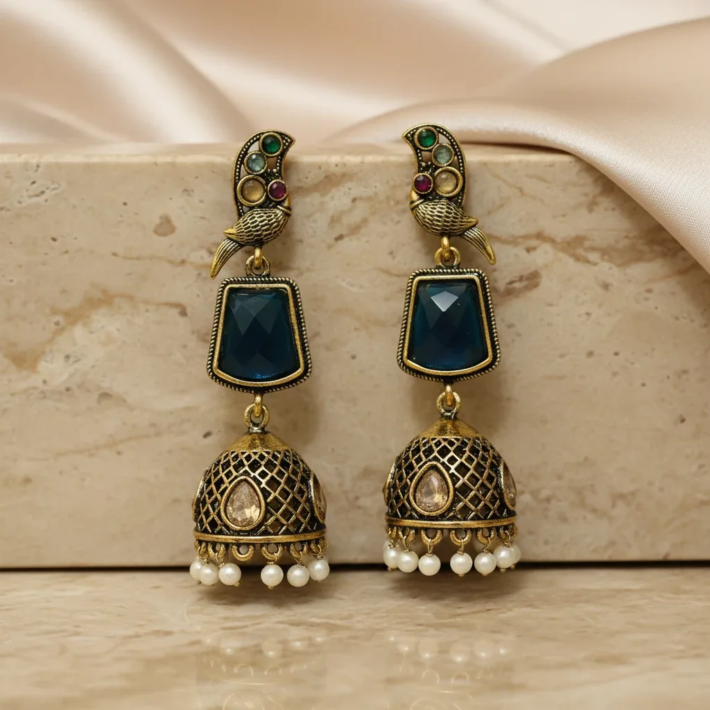 Antique Gold-Tone Kashmiri Jhumka Earrings