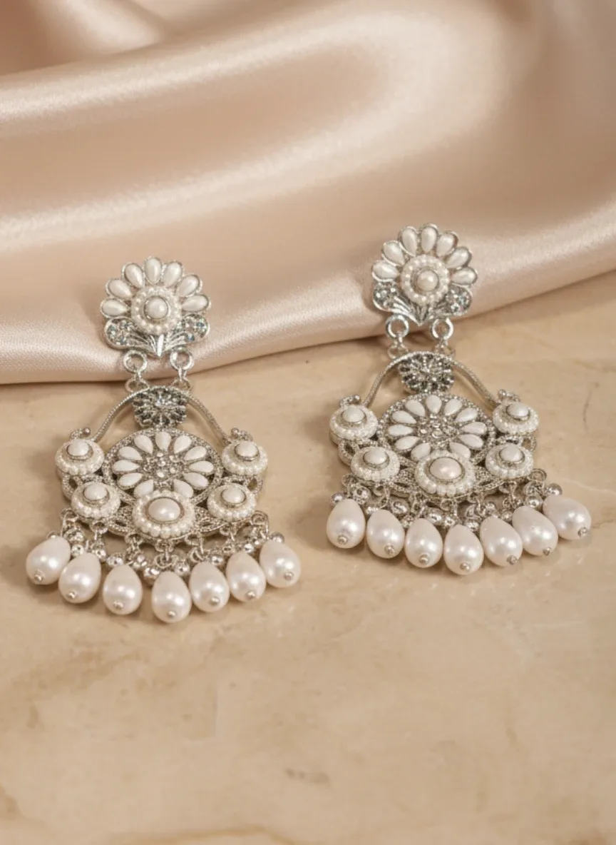 Silver-Tone Floral Jhumka Earrings with Pearl Drops