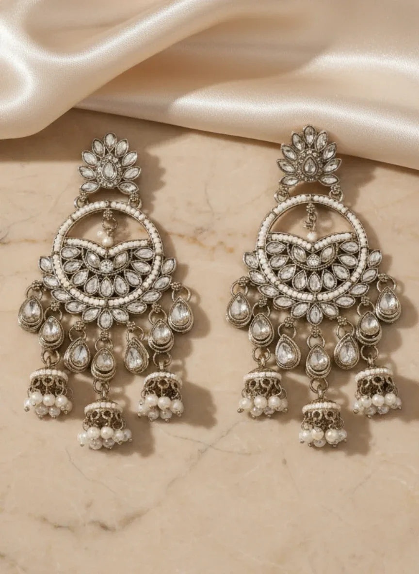 Silver-Tone Kundan-Style Chandbali Jhumka Earrings