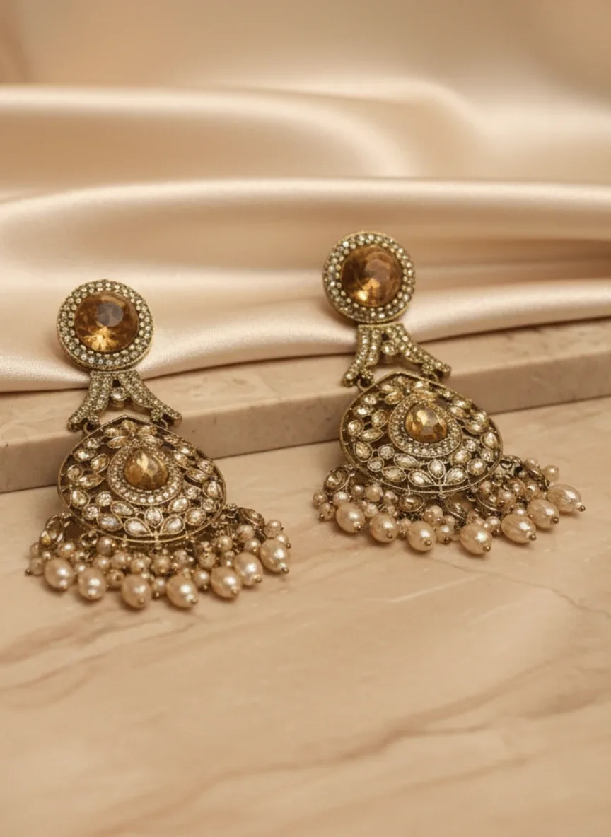 Gold-Tone Kundan-Style Jhumka Earrings with Pearl Drops