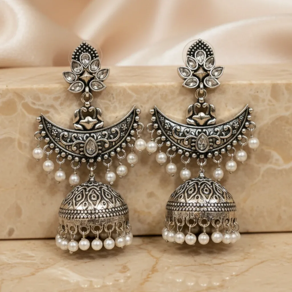 Antique Silver-Tone Kashmiri Style Jhumka Earrings