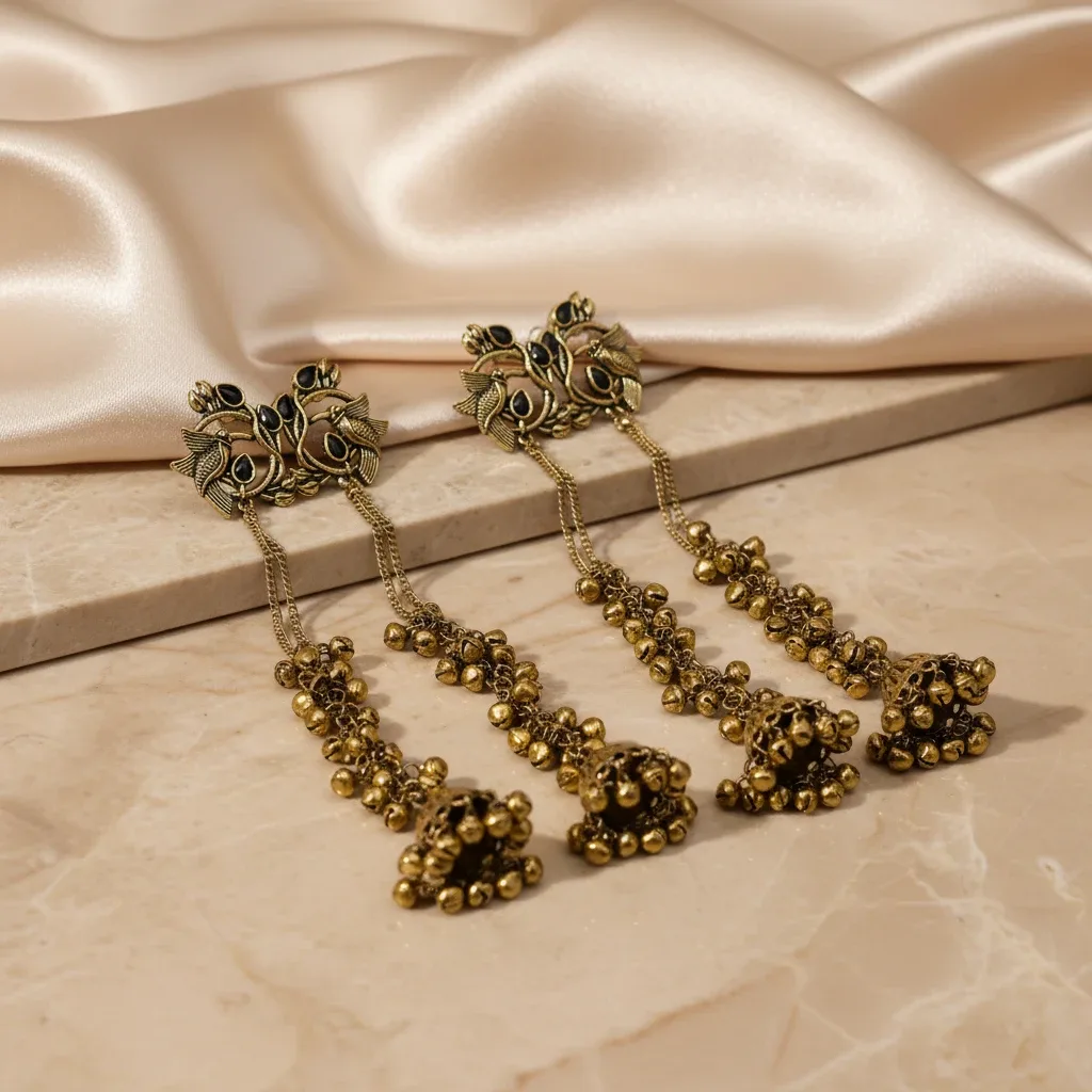 Antique Gold Kashmiri Long Jhumka Earrings