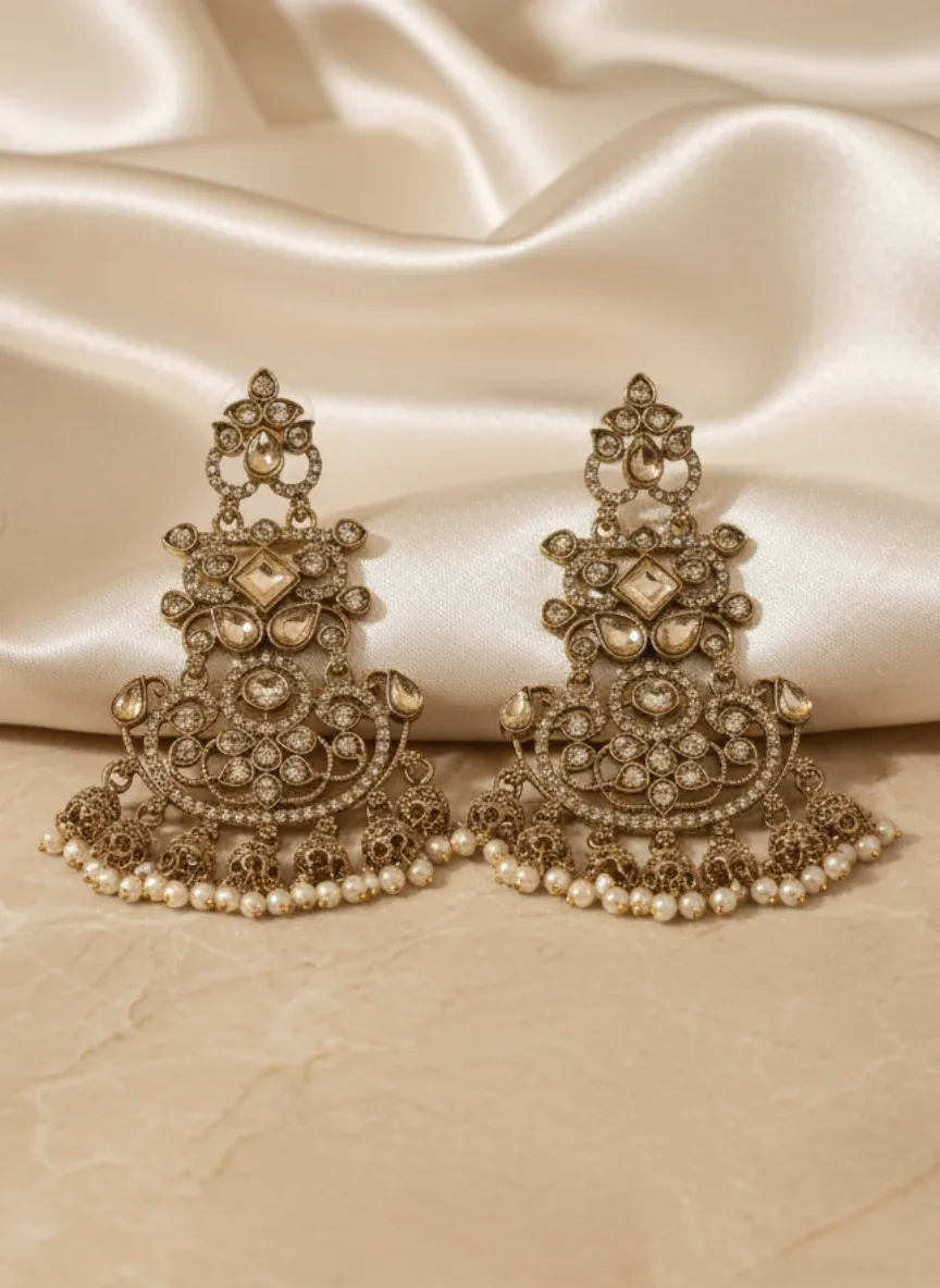 Gold-Tone Kashmiri Style Jhumka Earrings with Pearl Drops