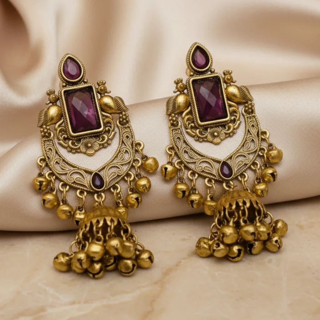 Gold-Tone Kashmiri Statement Earrings with Purple Stone Detailing