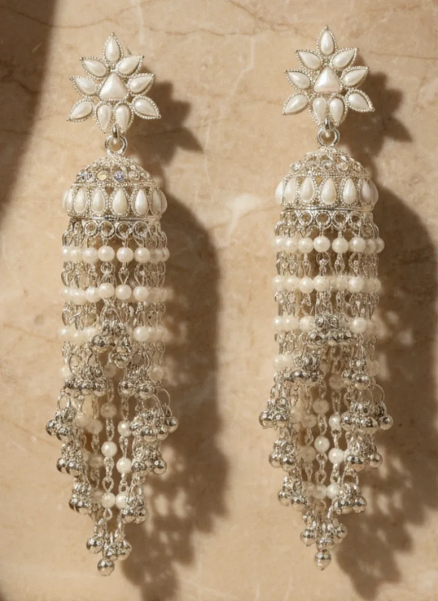 Kashmiri Silver-Tone Long Dangler Earrings