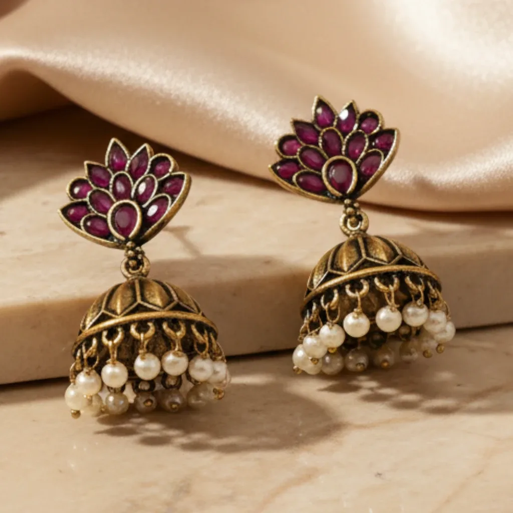 Magenta Floral Jhumka Earrings