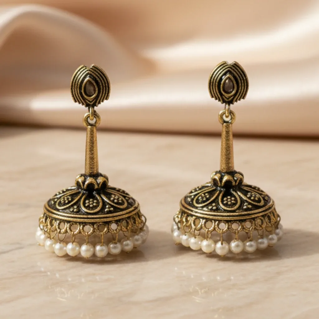 Antique Gold-Tone Jhumka Earrings with Pearl-Style Drops