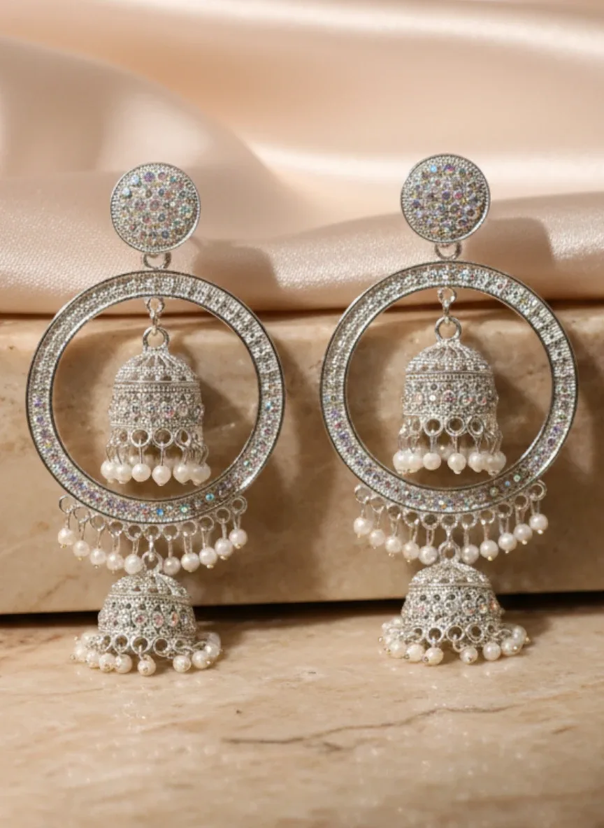 Silver-Tone Circular Jhumka Earrings with Pearl Drops