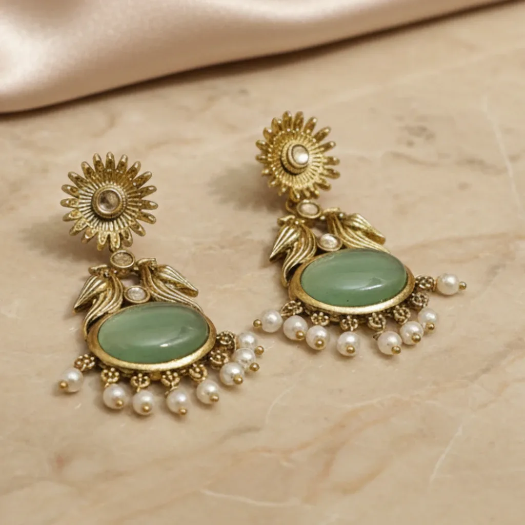 Mint Green Pearl Dangling Traditional Earrings