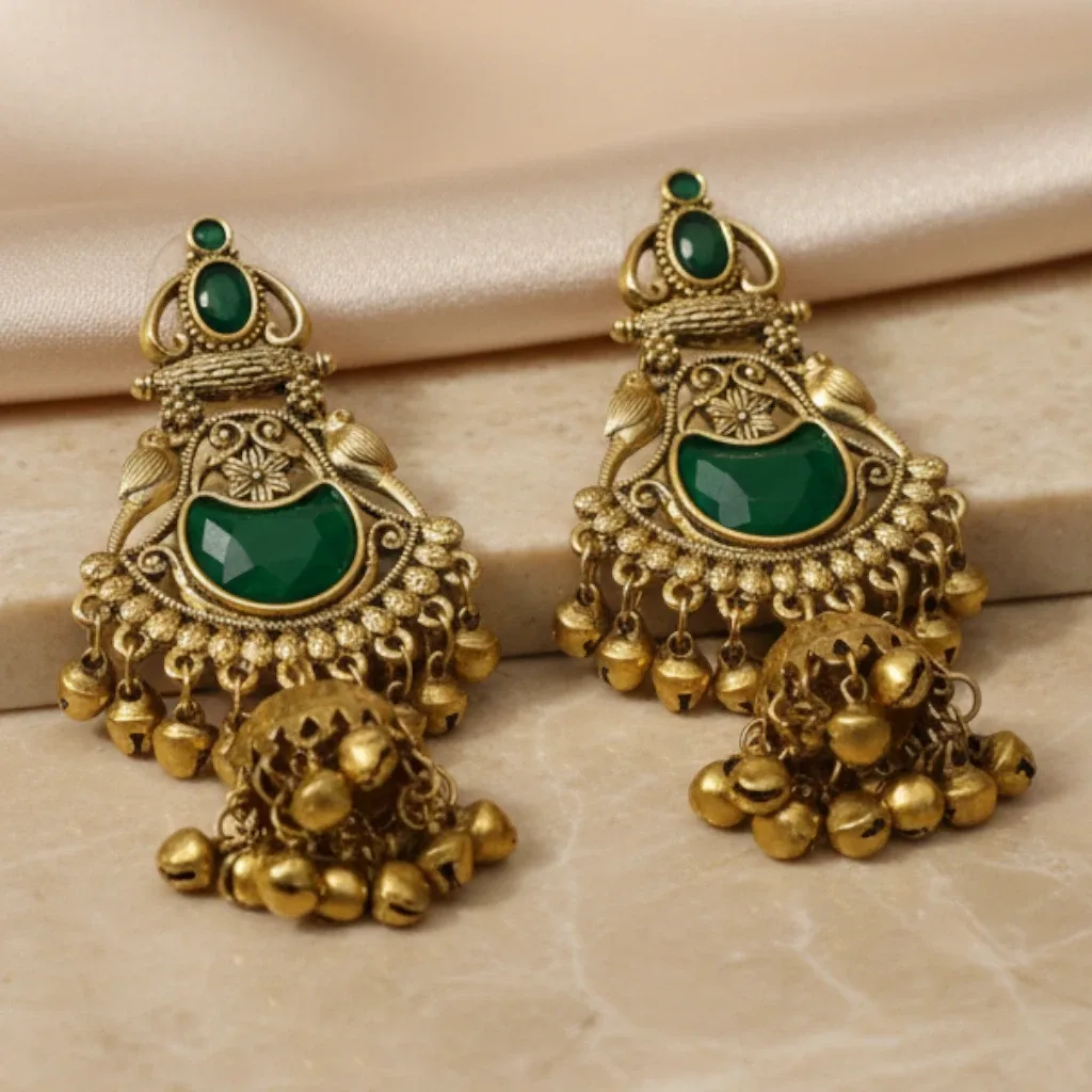 Gold-Tone Green Stone Jhumka Earrings