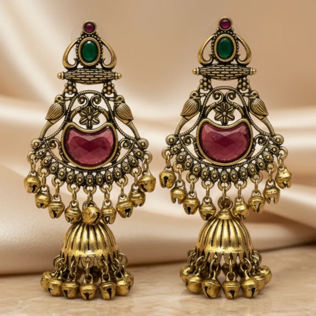 Antique Gold-Tone Kashmiri Jhumka Earrings