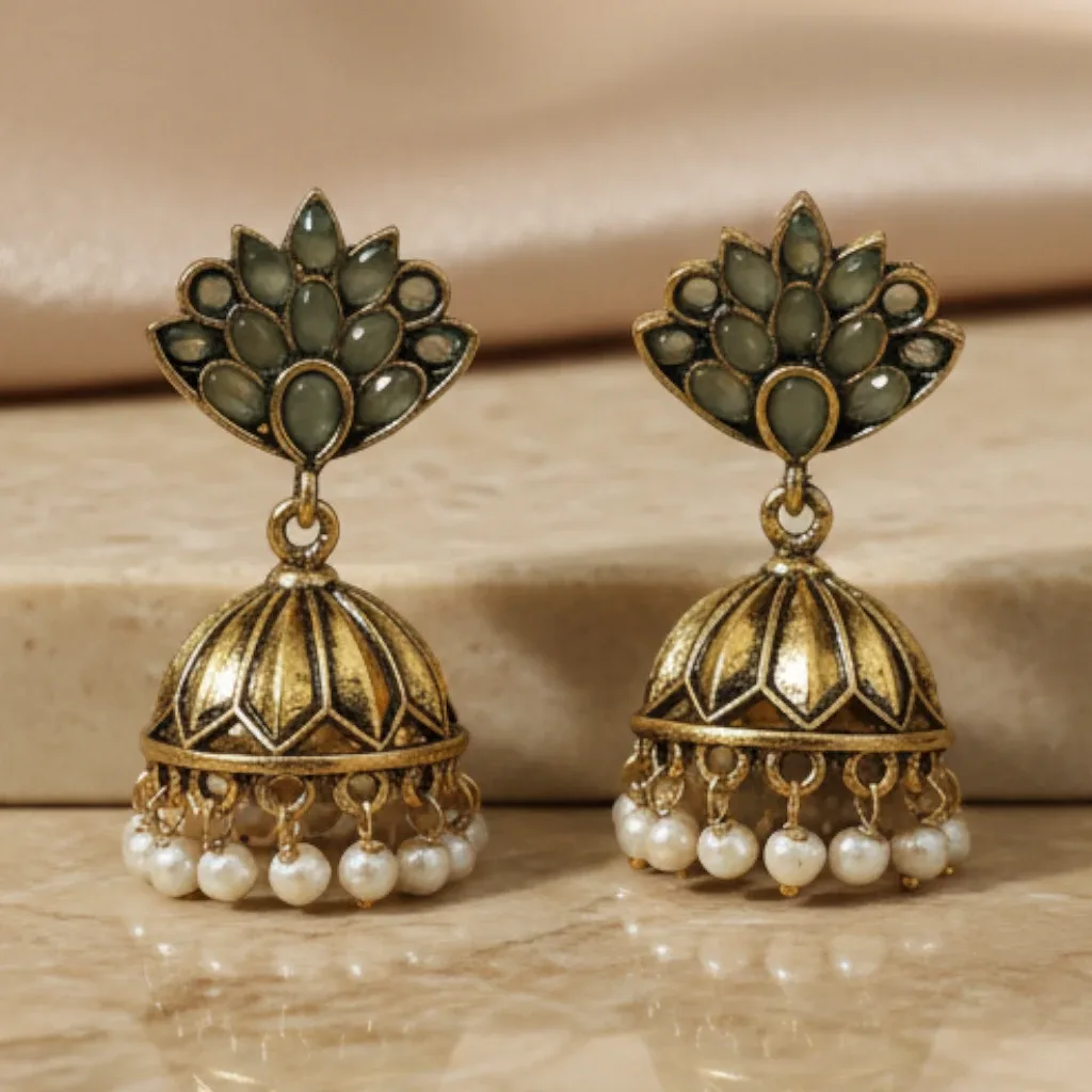 Green Stone Jhumka Earrings with Pearl Drops