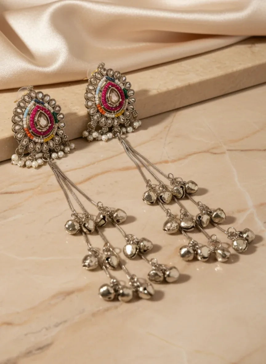 Silver-Tone Multi-Color Long Dangler Earrings