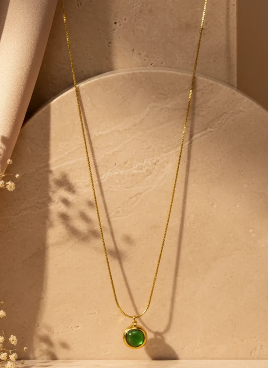 Gold-Tone Green Stone Pendant Necklace